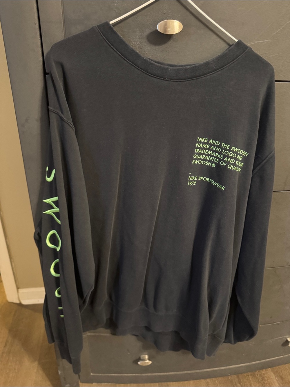 Nike Men’s Black Crewneck Sweatshirt with Neon Green Text and Sleeve Accent
